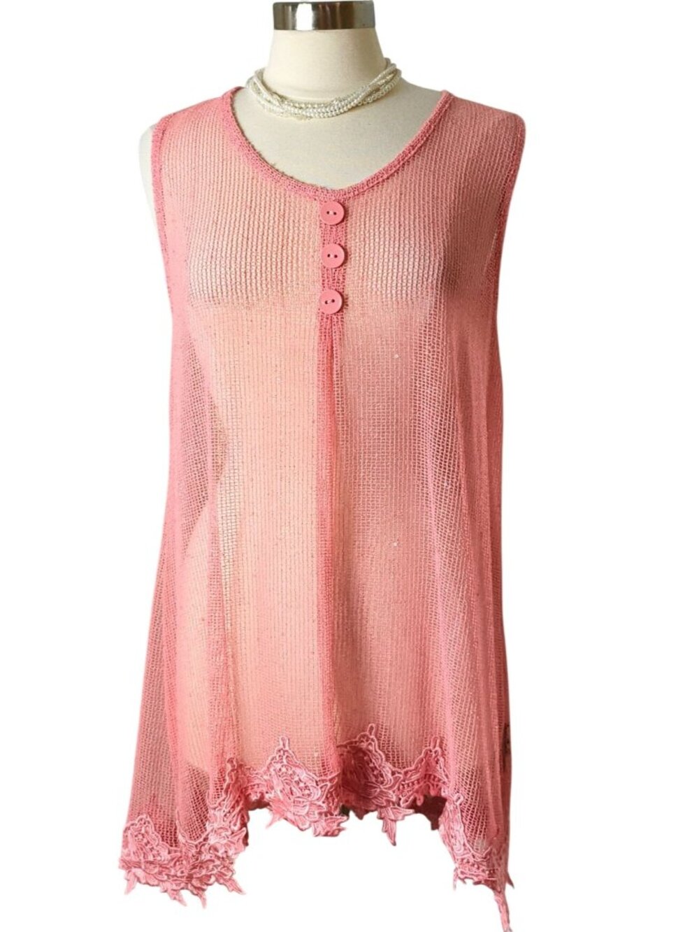 Simply Noelle L Pink Swim Cover Up Mesh Sequin Lace Embroider Hem Button Beach